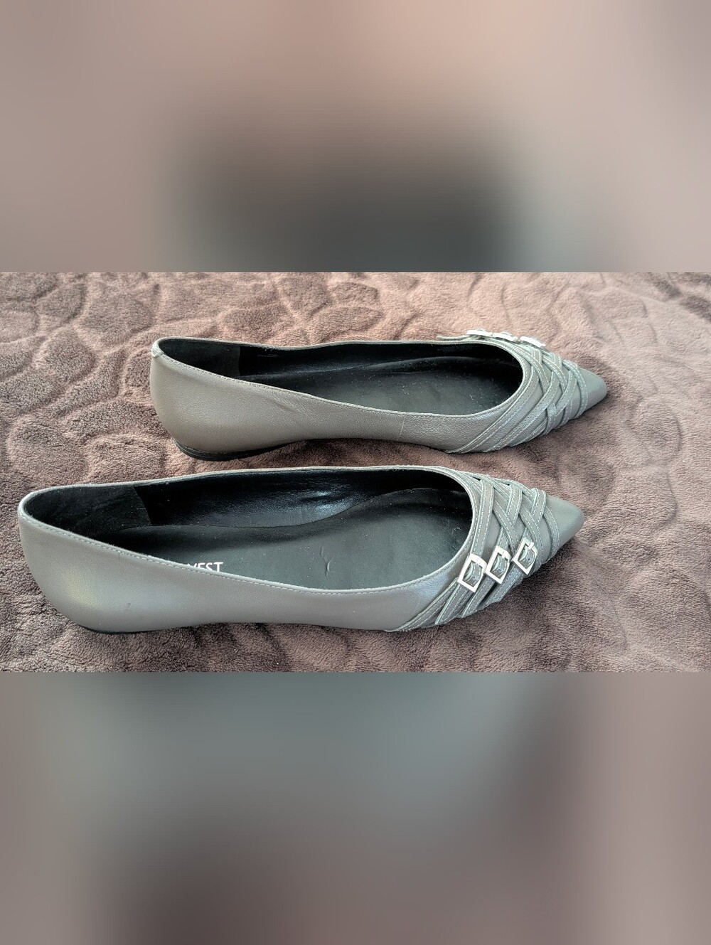 JUST REDUCED!!  2 Pairs Nine West Pointed Toe Flats in Gray and Red with Buckles - Picture 2 of 6